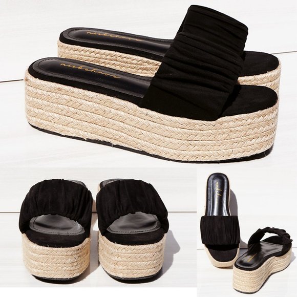 NEW Black Ruched Faux Suede Espadrille Slip On Slides Wedge Platform Sandal Shoe - Picture 8 of 10